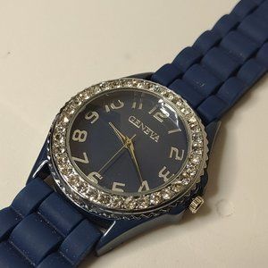 Blue And Silver Tone Rubber Band Geneva Watch